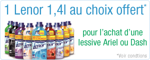 1 Lenor 1.4L offert* pour l'achat d'une lessive Ariel ou Dash