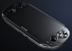 Front angled view of the PlayStation Vita showing the large screen, the two analog sticks and the inward facing camera