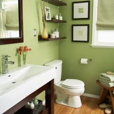 Contemporary Bathroom with dark wood framed vanity mirror