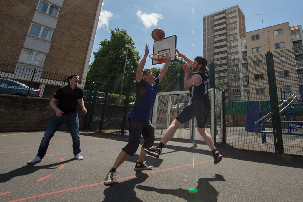 Tech and Marketing take a break at the basketball court.