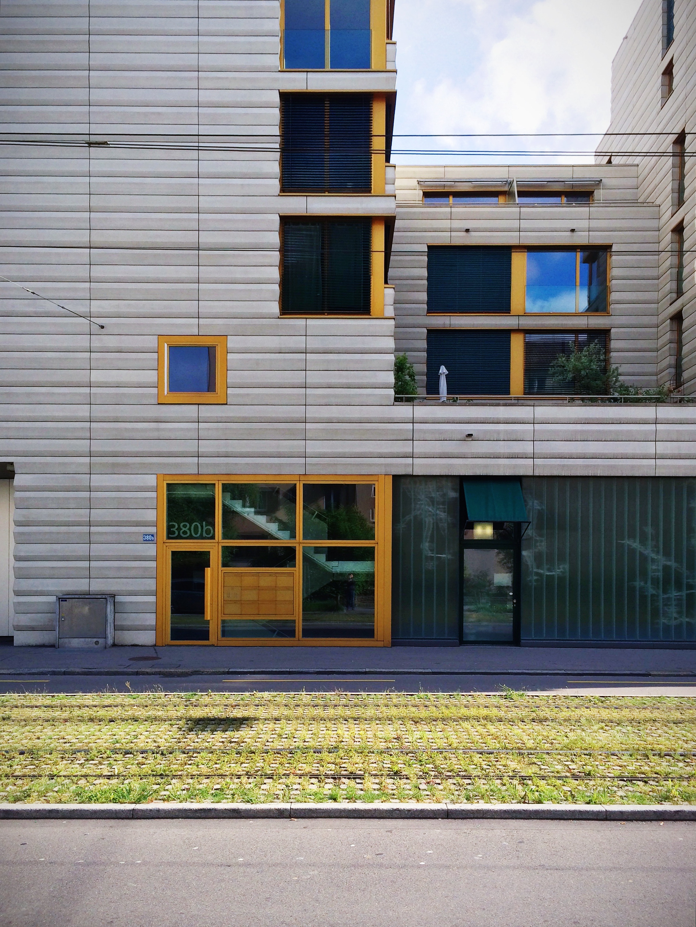 An example of interesting Swiss architecture in this apartment complex, across the road and tracks in Zurich, Switzerland.