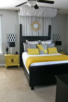 Lovely yellow Throw Pillows accent this stylish room.  Checkout our selection of Yellow Throw Pillow designs at http://www.visionbedding.com/Pillows/Yellow.php