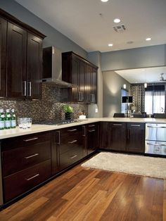 espresso cabinets and blue/gray wall paint, love everything about the colors!