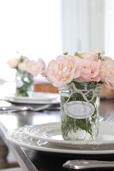 FRENCH COUNTRY COTTAGE: Mason Jar Place Setting Bouquets, not just for weddings! I'm thinking this would be lovely for a Mother's Day brunch!