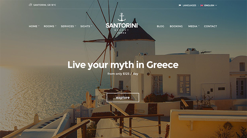 Screenshot of Hotel theme for WordPress Santorini Resort on Desktop