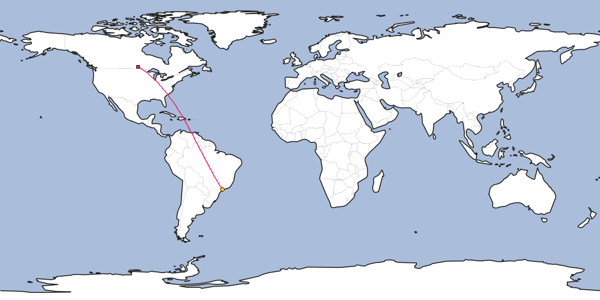 Map – Shortest path between Winnipeg and São Paulo