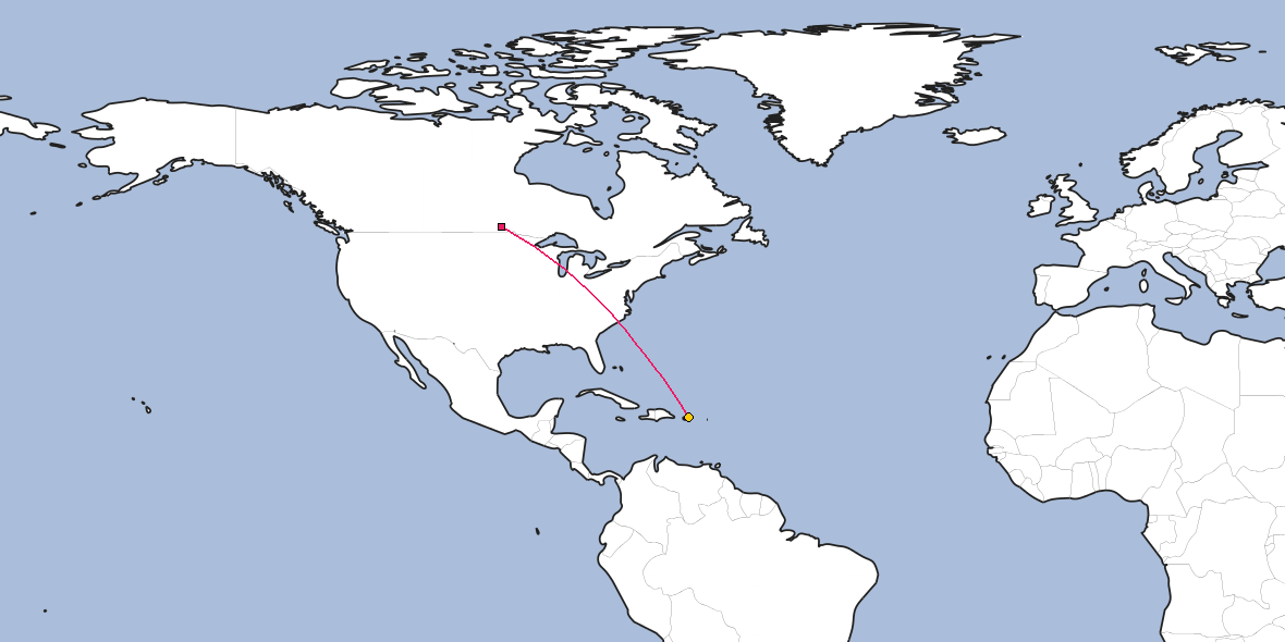 Map – Shortest path between Winnipeg and San Juan