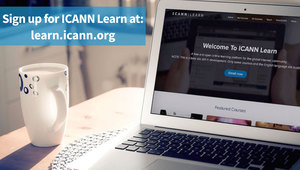 Sign up for ICANN Learn at: learn.icann.org with picture of laptop and coffee cup in background