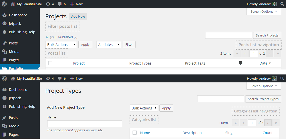 hidden headings for custom posts and taxonomies lists