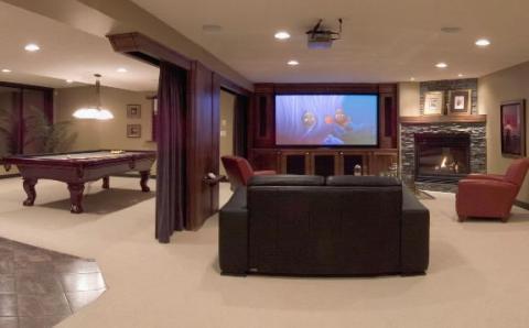 Transitional Home Theater with floor to ceiling curtains