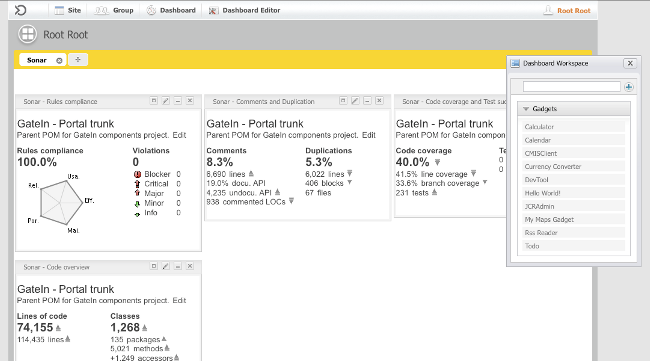 Sonar Gadgets in GateIn Dashboard