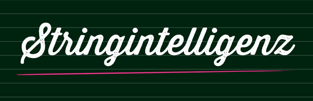 Stringintelligenz Plugin-Banner: weisser Schriftzug in konservativer Schreibschrift auf dunklem Hintergrund. Quasi Kreide auf Schultafel. Mit einem Unterstrich in Pink. :)