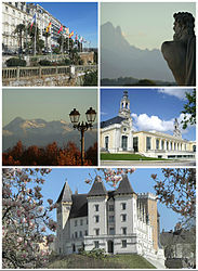 Top, left to right: The Boulevard des Pyrénées and the Pic du Midi d'Ossau Middle, left to right: The Pic du Midi de Bigorre and the Palais Beaumont Bottom: The Château de Pau