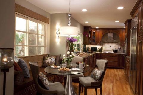 Transitional Dining Room with upholstered bench for kitchen nook