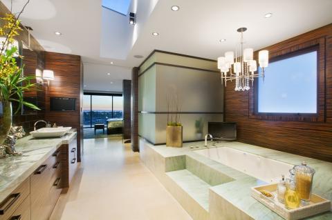 Modern Bathroom with dark wood accent wall covering