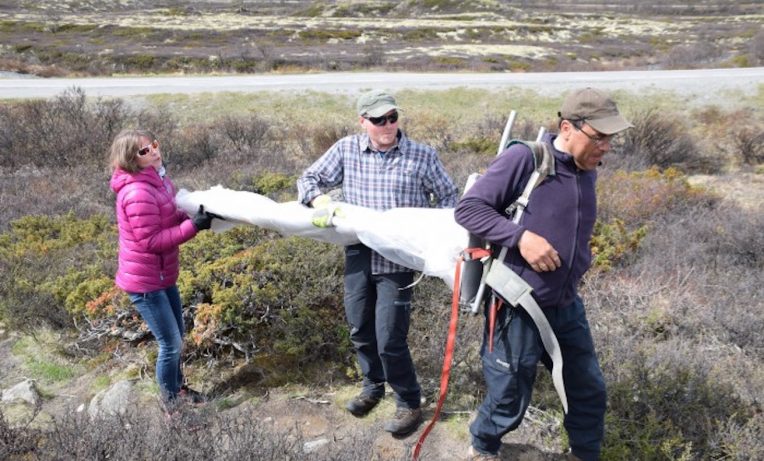 Veivisertavlene skal ut i terrenget. Eli Grete Nisja fra Oppdal kommune, Håvard Rønning og Ingolf Røtvei fra Oppdal bygdeallmenning skal frakte de tunge stolpene innover.