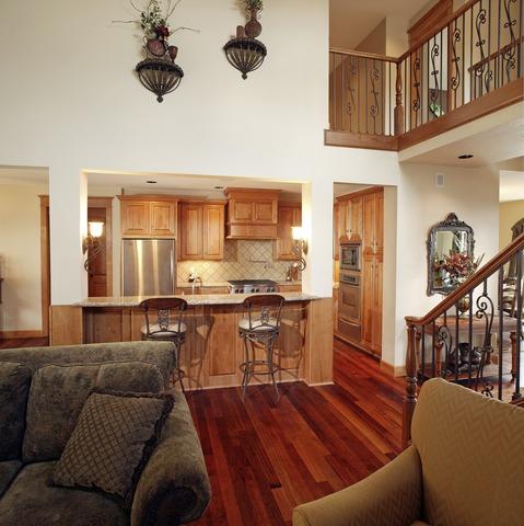 Traditional Family Room with dark wood and black metal stair railing