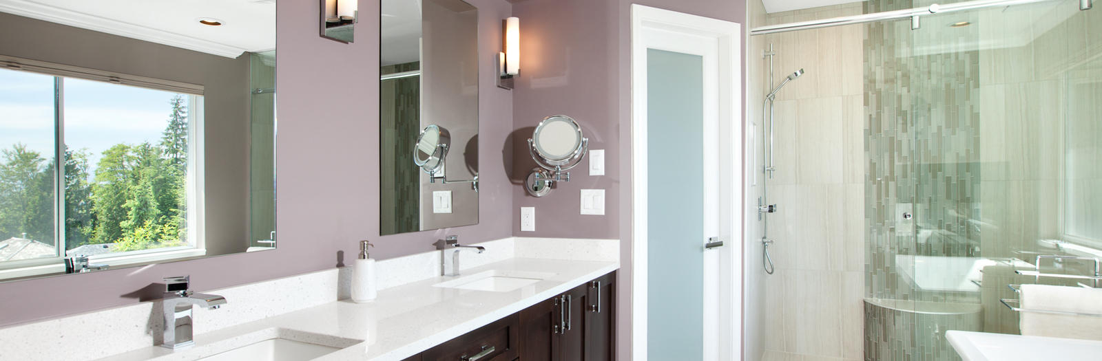 Contemporary Bathroom with dark recessed panel cabinetry