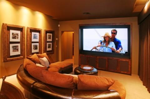 Transitional Home Theater with white cut pile wall to wall carpet