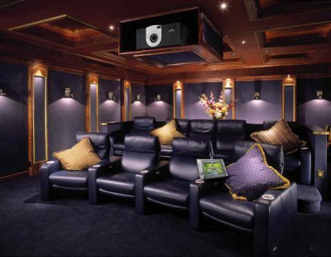 Transitional Home Theater with black leather recliner chairs