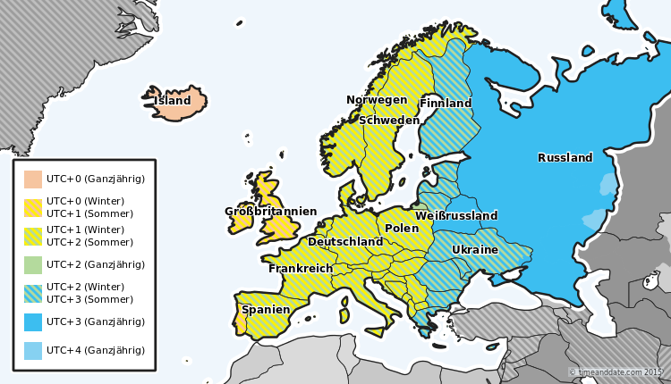 Karte mit Zeitzonen und Zeitumstellungen in Europa