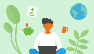 Illustration of a person working on a laptop surrounded by plants, a piggy bank, planet Earth, and a medical form to symbolize compensation and perks for employees.