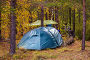 Купить «A blue tourist tent stands in an autumn forest on a rainy day.», фото № 32919947, снято 19 сентября 2019 г. (c) Акиньшин Владимир / Фотобанк Лори