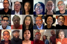 Top row, left to right: John Dozier, L. Rafael Reif, Danielle Geathers, DiOnetta Jones Crayton, Madeleine Sutherland, Corban Swain. Middle row: Malick Ghachem, Sandy Alexandre, Ramona Allen, Chevy Cleaves, AudreyRose Wooden, Kelvin Green II. Bottom row: Kendyll Hicks, Aiyah Josiah-Faeduwor, Jaleesa Trapp, Heather Konar and family, ASL interpreter Darlene Washington.