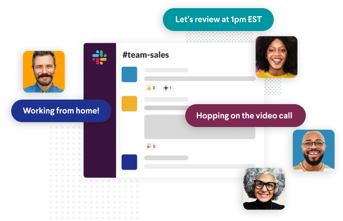 A Slack channel surrounded by people’s profile photos and messages like “Working from home!” and “Commuting, be there soon”