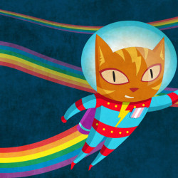 A flying cat in a space suit with a badge of the trans flag, leaving a rainbow trail.