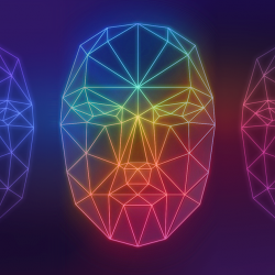 The angular outline of three faces as a computer might see them, colored like a rainbow