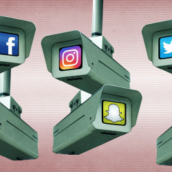 Surveillance cameras peering around, each with a social media company icon.