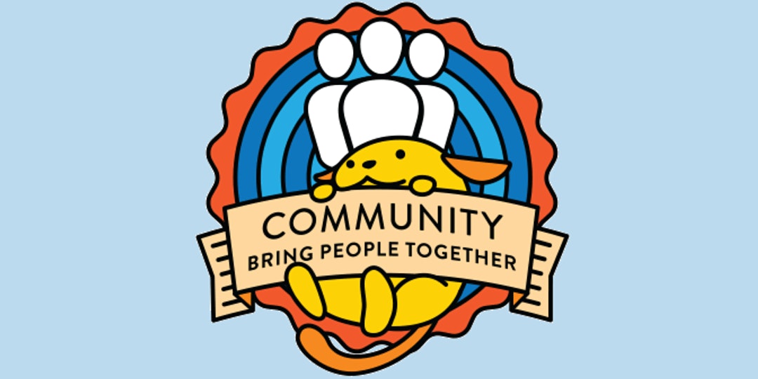 Wapuu holding banner ‘community bringing people together’