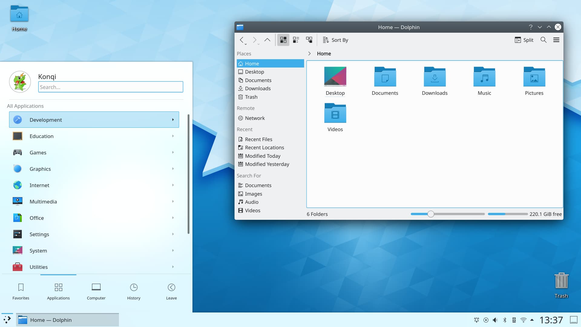 Screenshot of the Plasma Desktop with Dolphin and the launcher open