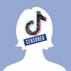 White sihouette of a person, on light blue background, with Tik Tok logo and censored sticker over the face.