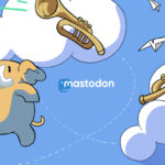 Mastodon-Header, der ein fröhliches Mammut und zwei Trompeten mit Brieftauben zeigt.