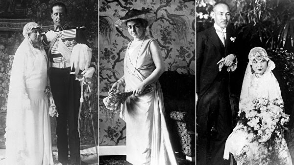 На фото: (слева) принцесса Изабелла Альфонса Бурбон-Сицилийская после свадьбы с польским графом Яном Замойским, 9 марта 1929 года; (в центре) принцесса Гермина Рейсс-Грейцская перед свадьбой с последним германским императором и королем Пруссии Вильгельмом II, 1 ноября 1922 года;  (справа) политический деятель Китая Сун Мэйлин с мужем маршалом и генералиссимусом Чаном Кайши, 1 декабря, 1927 года.