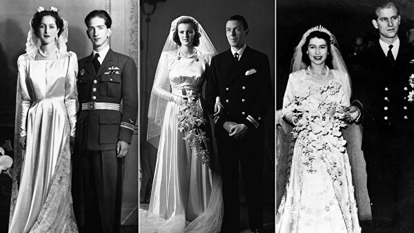 На фото: (слева) Александра, принцесса Греческая и Датская после свадебной церемонии с Петром II Карагеоргиевичем, последним королем Югославии, 20 марта 1944 года; (в центре) леди Сара Консуэло Спенсер-Черчилл с супругом лейтенантом Эдвином Расселом, 15 мая 1943 года; (справа) будущая королева Великобритании Елизавета II с мужем Филиппом, герцогом Эдинбургским, принцем Греческим и Датским, 20 ноября 1947 года. 