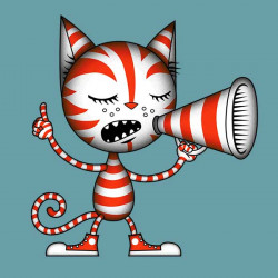 A striped cat opines using a megaphone.