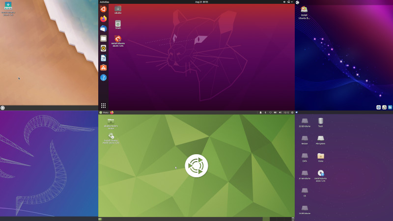 Картинка для привлечения внимания — коллаж из шести скриншотов с рабочими столами каждого из рассмотренных в обзоре дистрибутивов