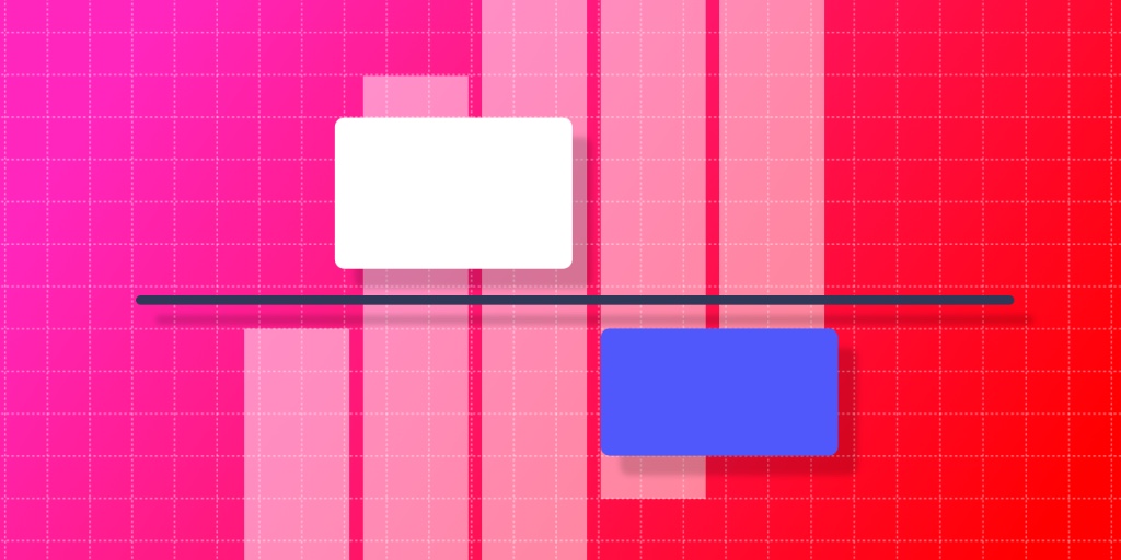 A red and pink gradient backdrop showcases a layout grid and guides - tools found in Adobe XD 