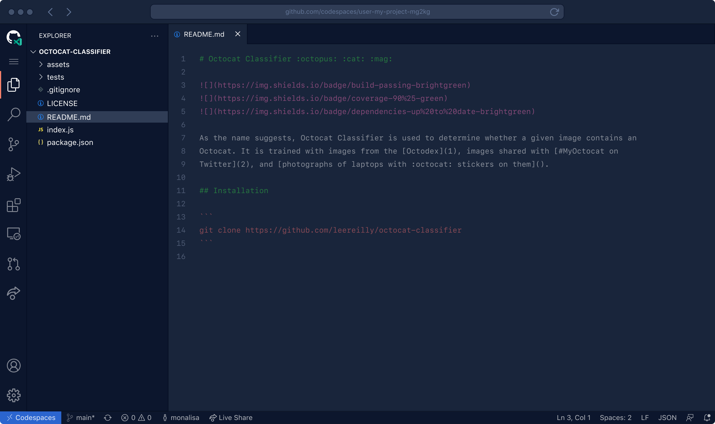 VS Code running in the browser with your project's code and development environment running. A terminal panel is visiable in the editor.