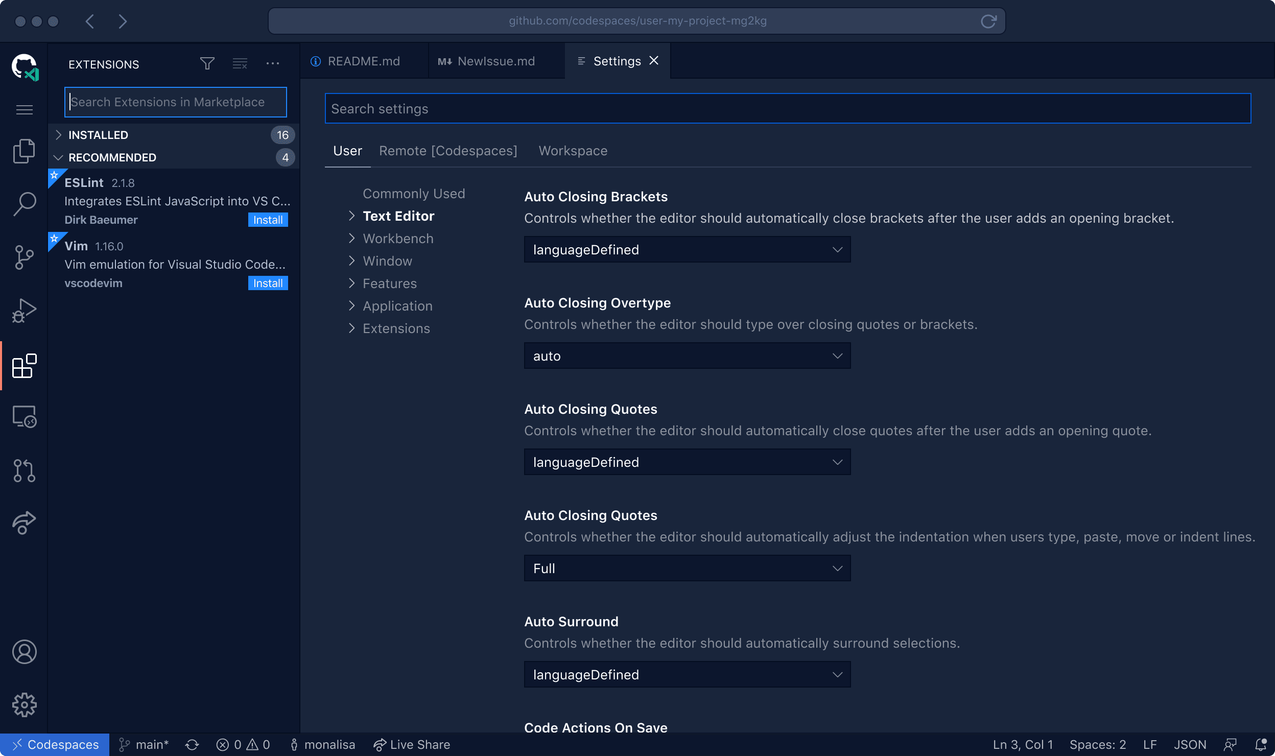 VS Code running in the browser with your project's code and development environment running. A terminal panel is visiable in the editor.