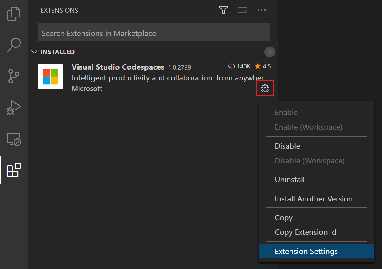 The Extension Settings option