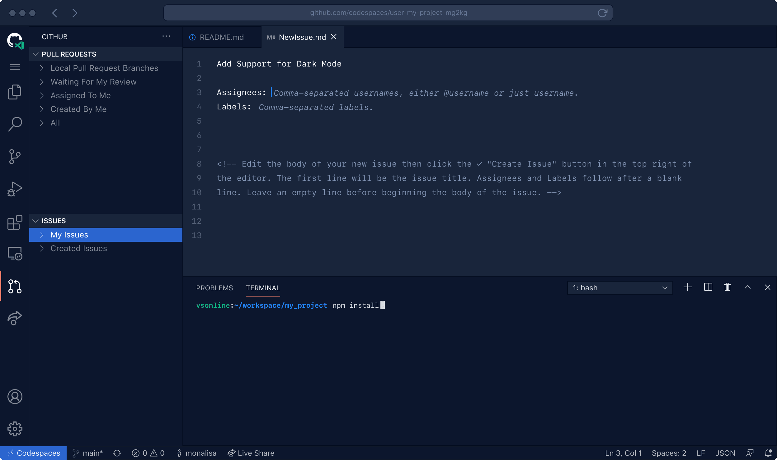 VS Code running in the browser with your project's code and development environment running. A terminal panel is visiable in the editor.