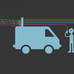 minimalist image of a stingray van intercepting signals between cell phone users and a cell tower