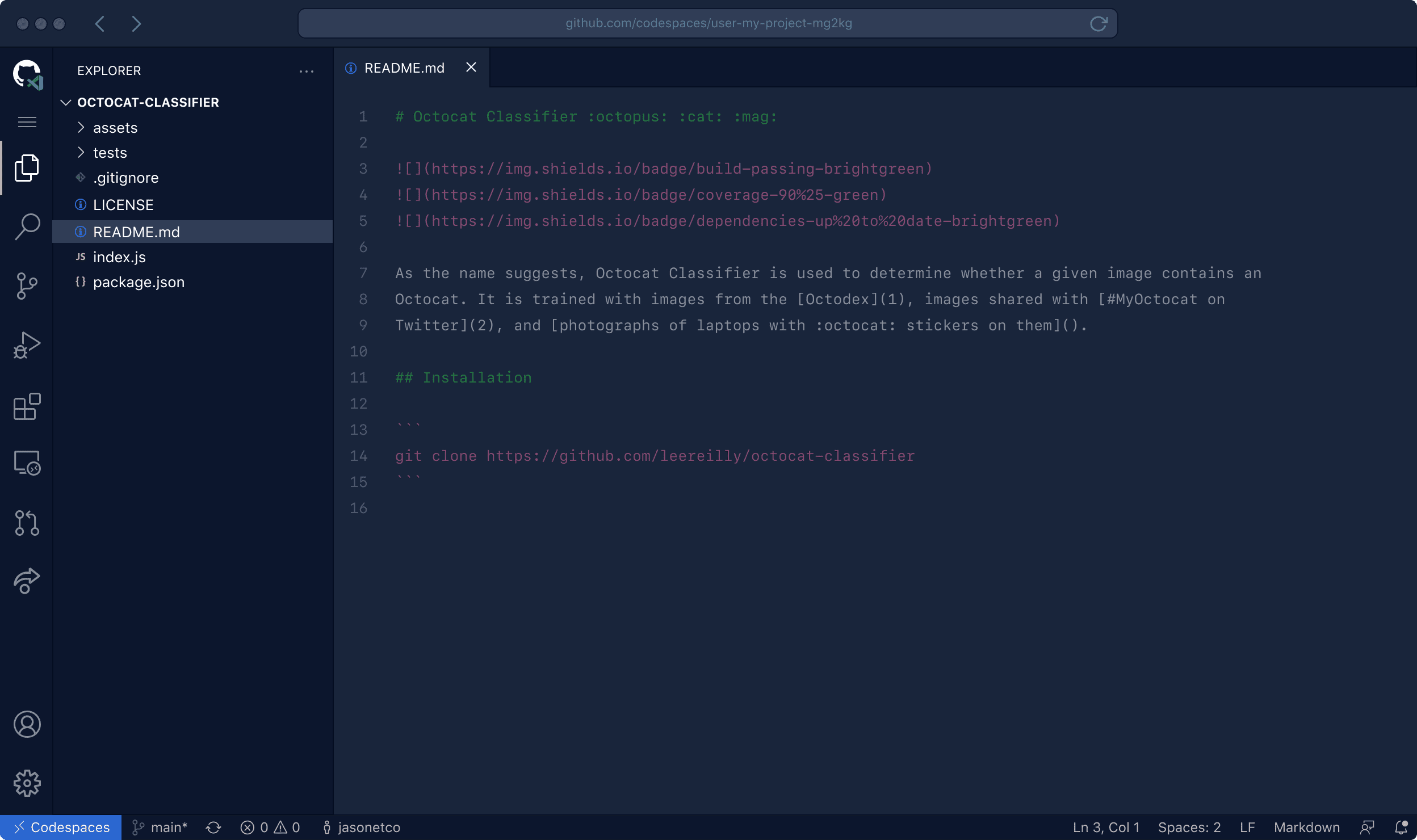 VS Code running in the browser with your project's code and development environment running. A terminal panel is visiable in the editor.