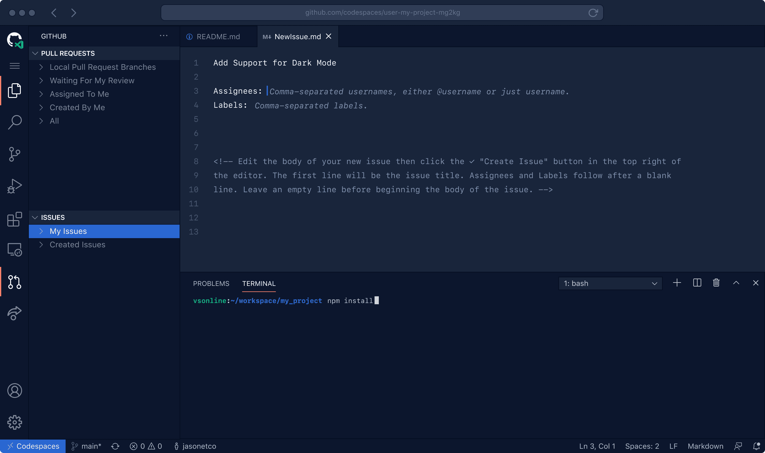 VS Code running in the browser with your project's code and development environment running. A terminal panel is visiable in the editor.