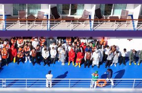 TALLINN – Aug 1: Staff team with lifejackets on rescue training on first floor ship on Aug 1, 2011 in Tallinn, Estonia. New cruise ships are gaining more than 6 million passengers a year. On cruise ships conducting rescue training.