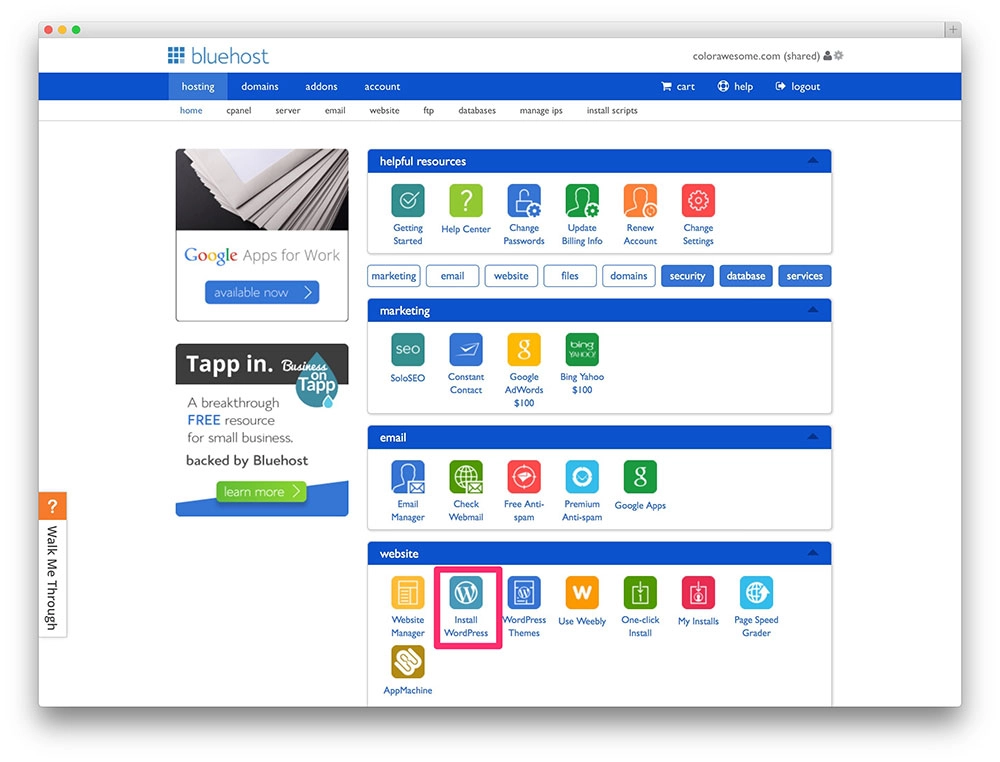 Bluehost's cPanel.